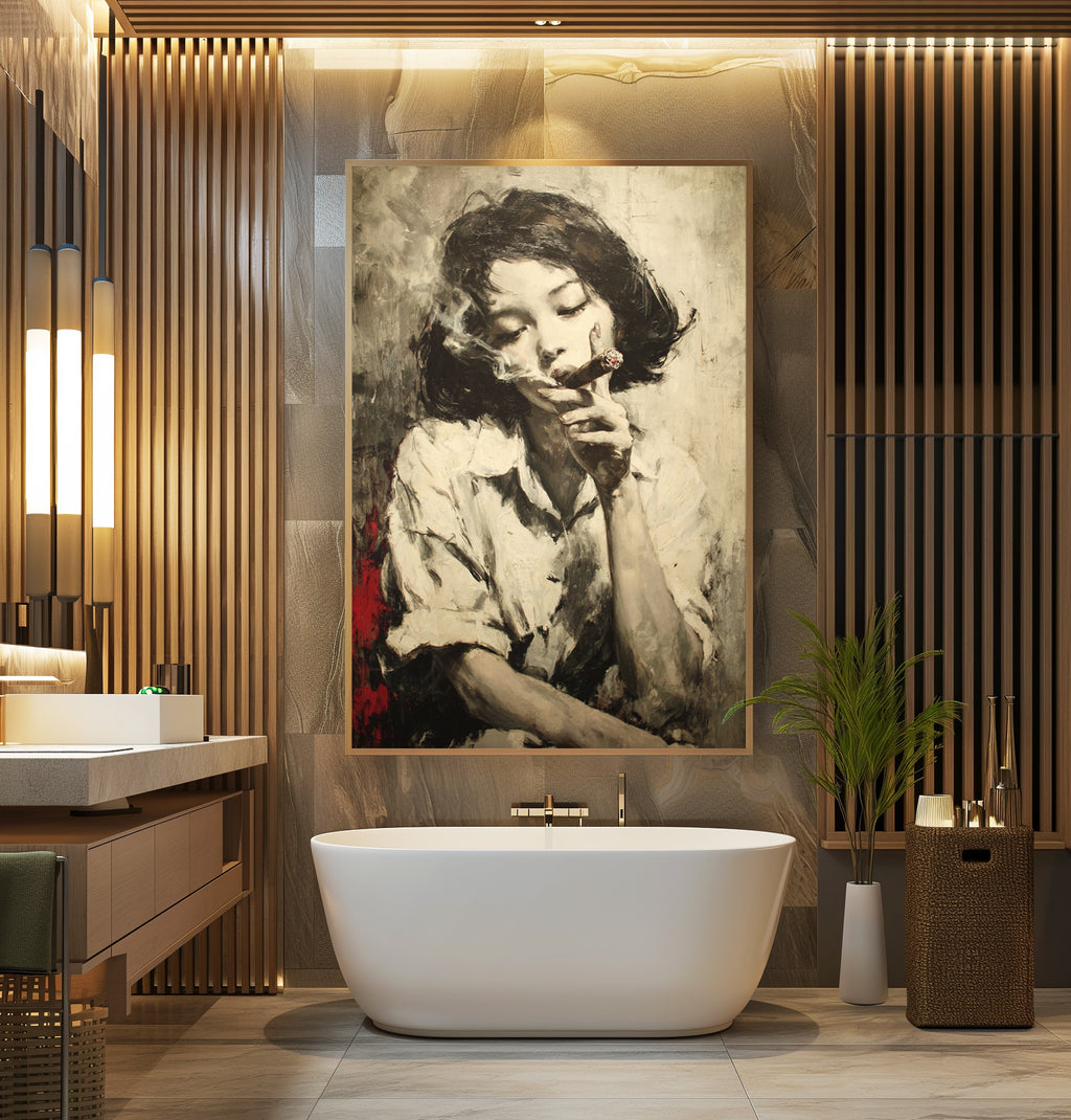 Girl with Cigar Poster Print - Moody Monochrome Portrait Art Print - Just Great Posters