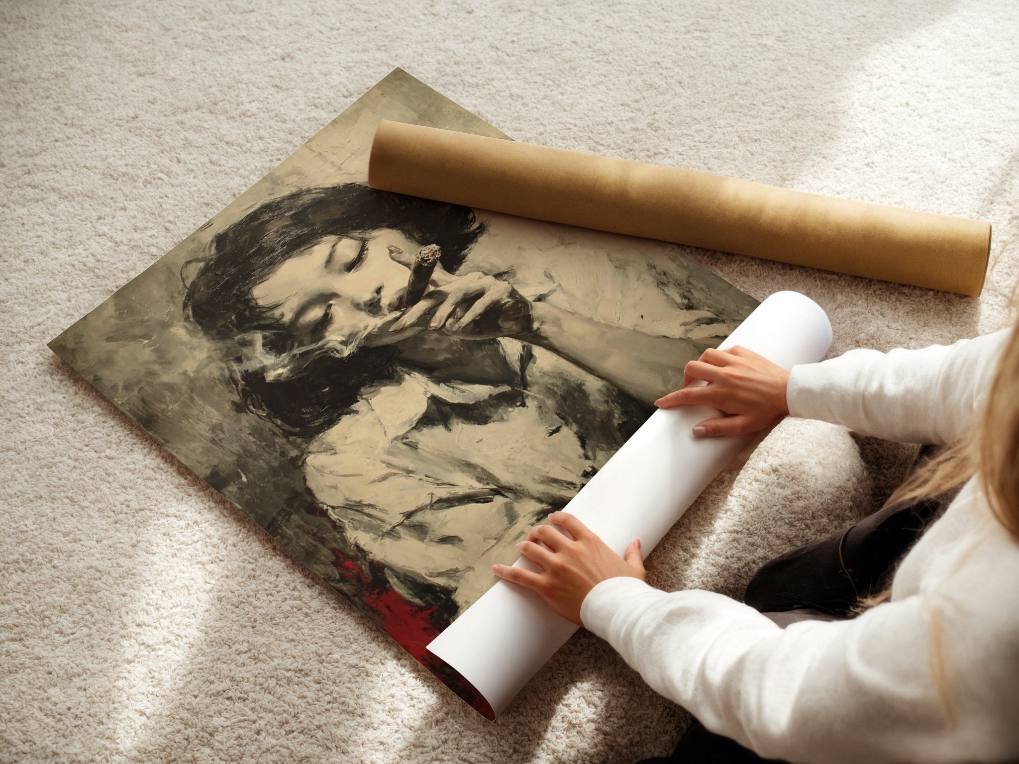 Girl with Cigar Poster Print - Moody Monochrome Portrait Art Print - Just Great Posters