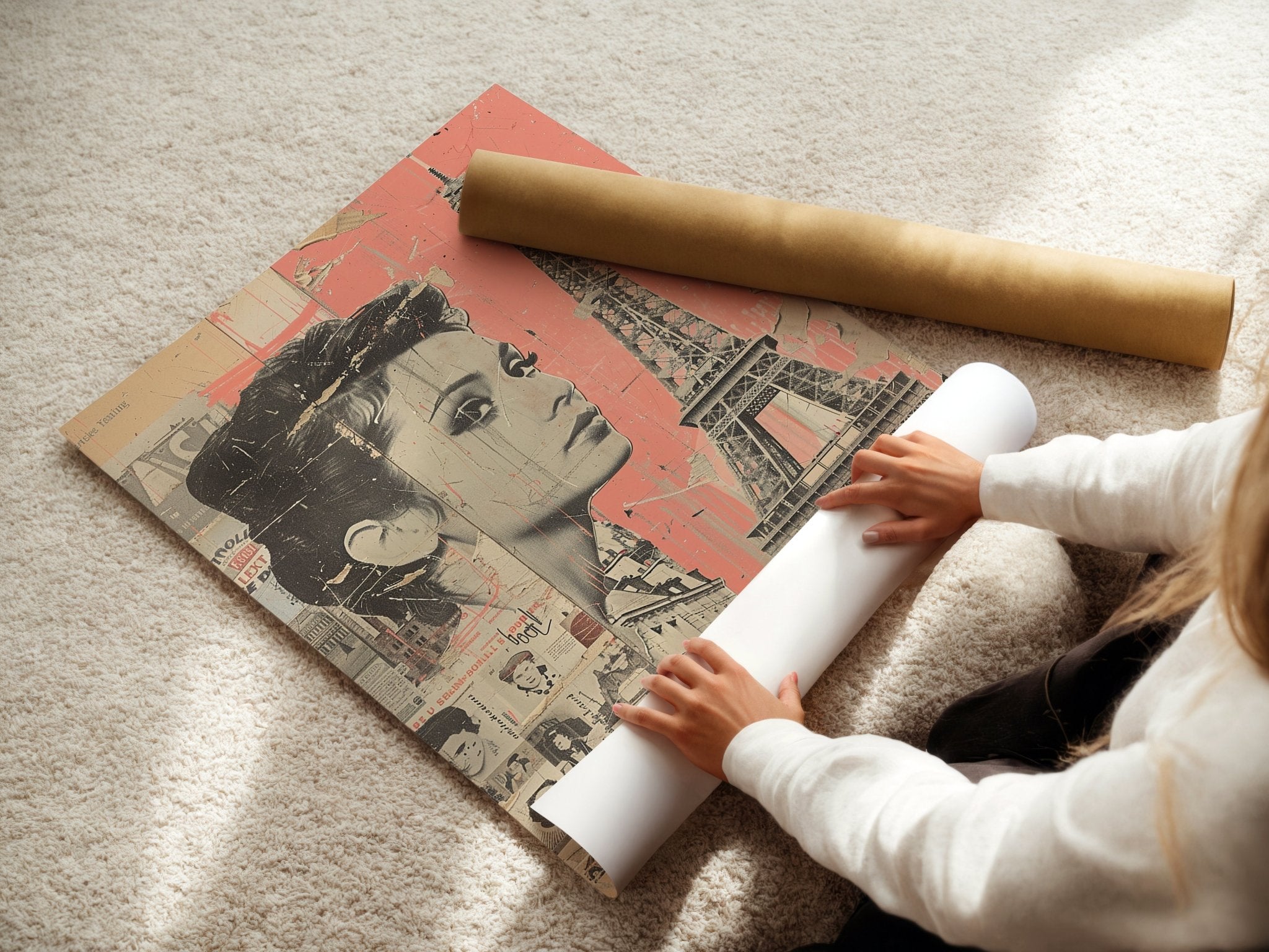 Paris Collage Art Print – Vintage French Poster with Eiffel Tower & Retro Woman - Just Great Posters
