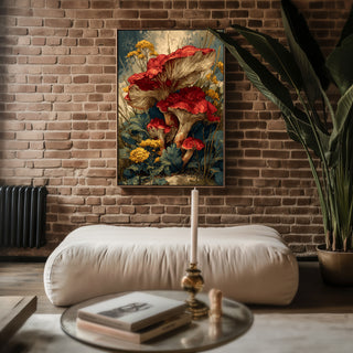 Wild Red Mushroom Print – Autumn Botanical Poster with Woodland Fungi & Flowers - Just Great Posters