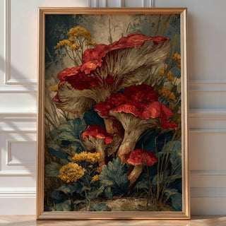Wild Red Mushroom Print – Autumn Botanical Poster with Woodland Fungi & Flowers - Just Great Posters