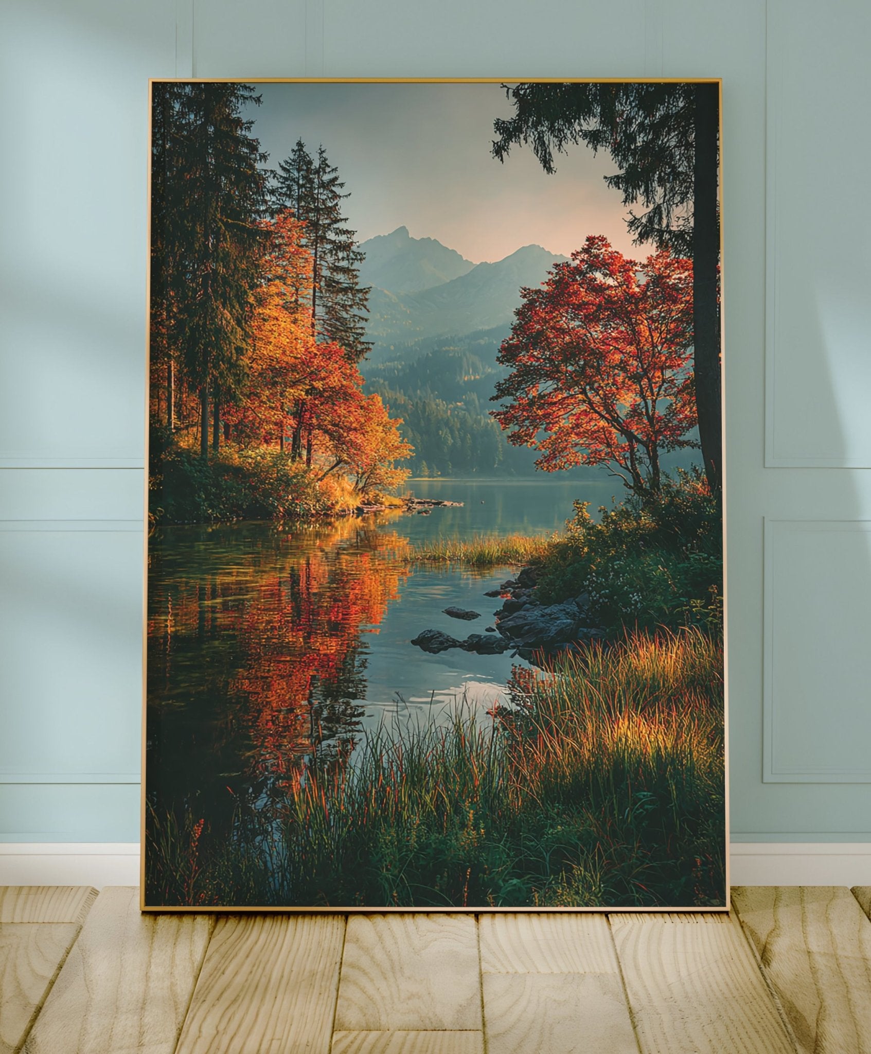 Autumn Lake Reflection Print – Serene Mountain Wall Art for Fall Decor - Just Great Posters