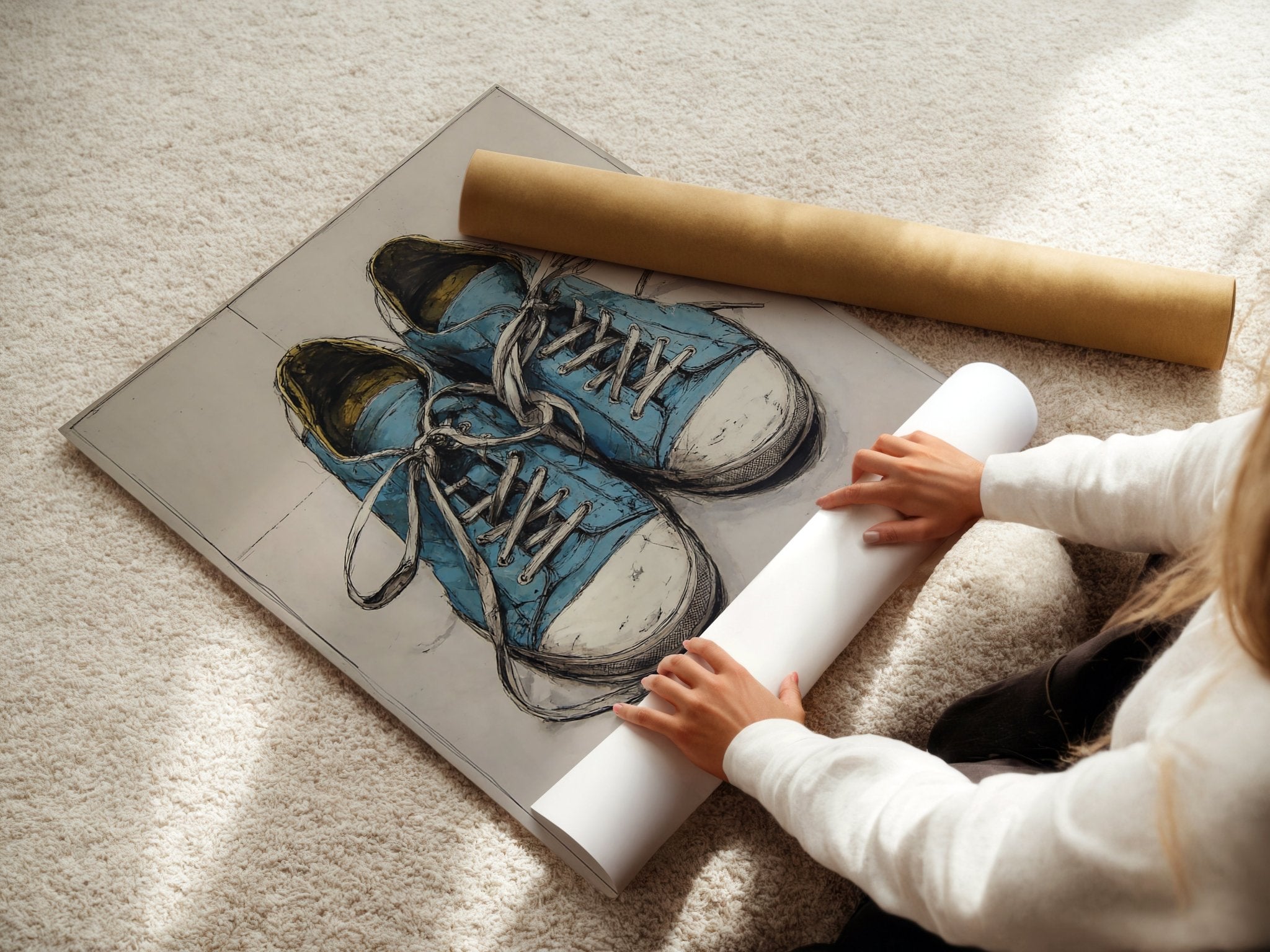 Worn Blues – Vintage Sneakers Ink Drawing Print - Just Great Posters