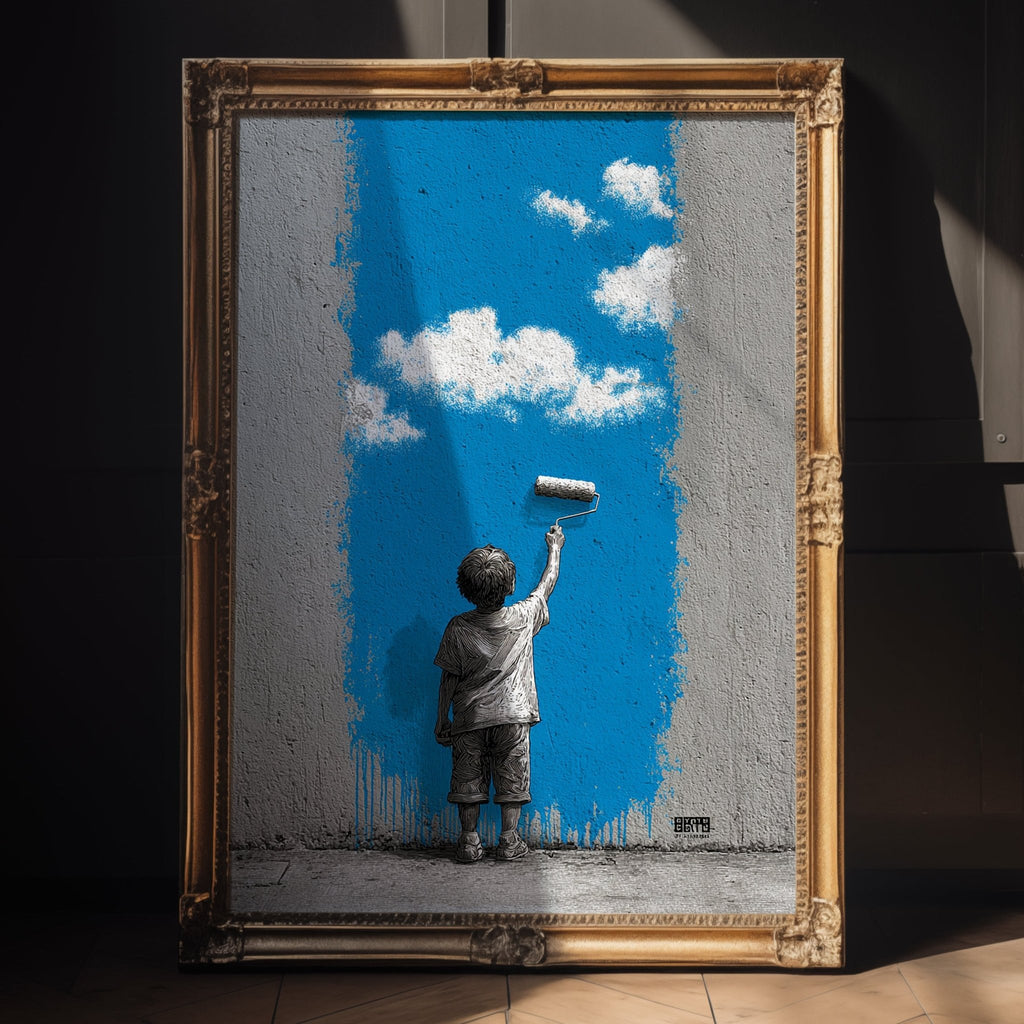 Framed artwork of a child painting a blue sky with white clouds.