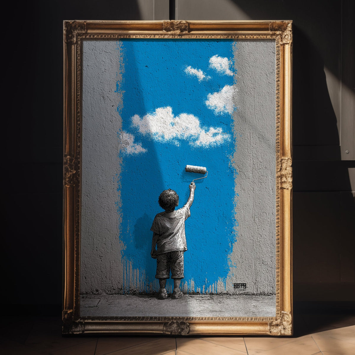 Framed artwork of a child painting a blue sky with white clouds.
