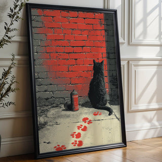 Framed artwork of a cat sitting on a wall with red paint and paw prints, leaning against a white wall.