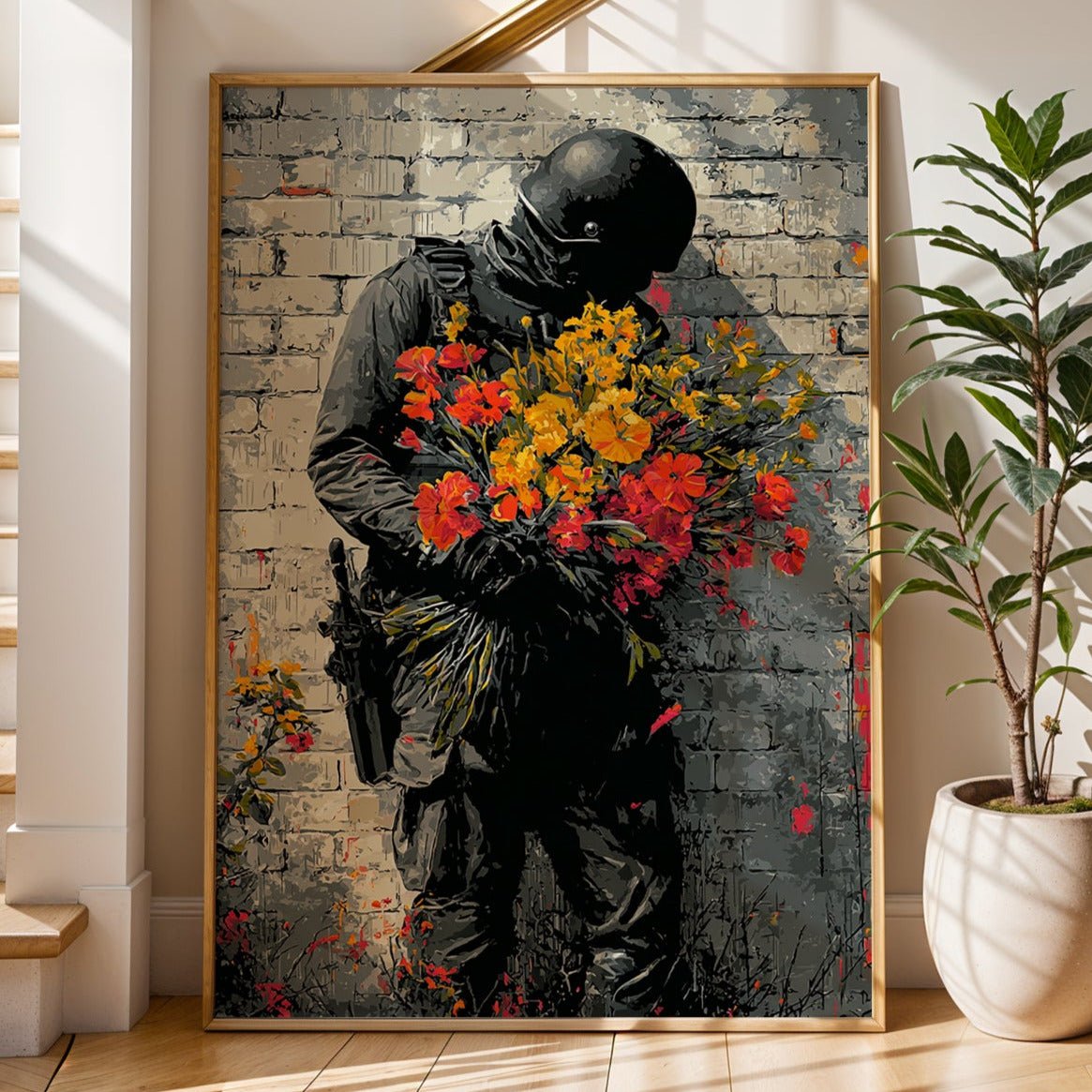 Framed artwork of a figure holding flowers in a home setting with stairs and a plant.