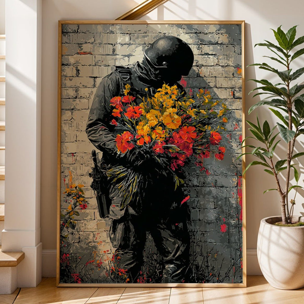 Framed artwork of a figure holding flowers in a home setting with stairs and a plant.