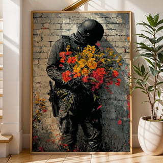 Framed artwork of a figure holding flowers in a home setting with stairs and a plant.
