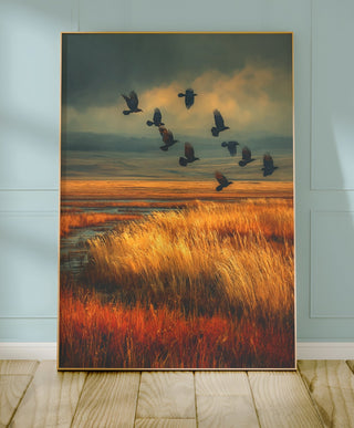 Golden Field with Crows – Dramatic Autumn Landscape Poster in Moody Tones - Just Great Posters