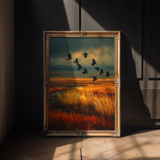 Golden Field with Crows – Dramatic Autumn Landscape Poster in Moody Tones - Just Great Posters