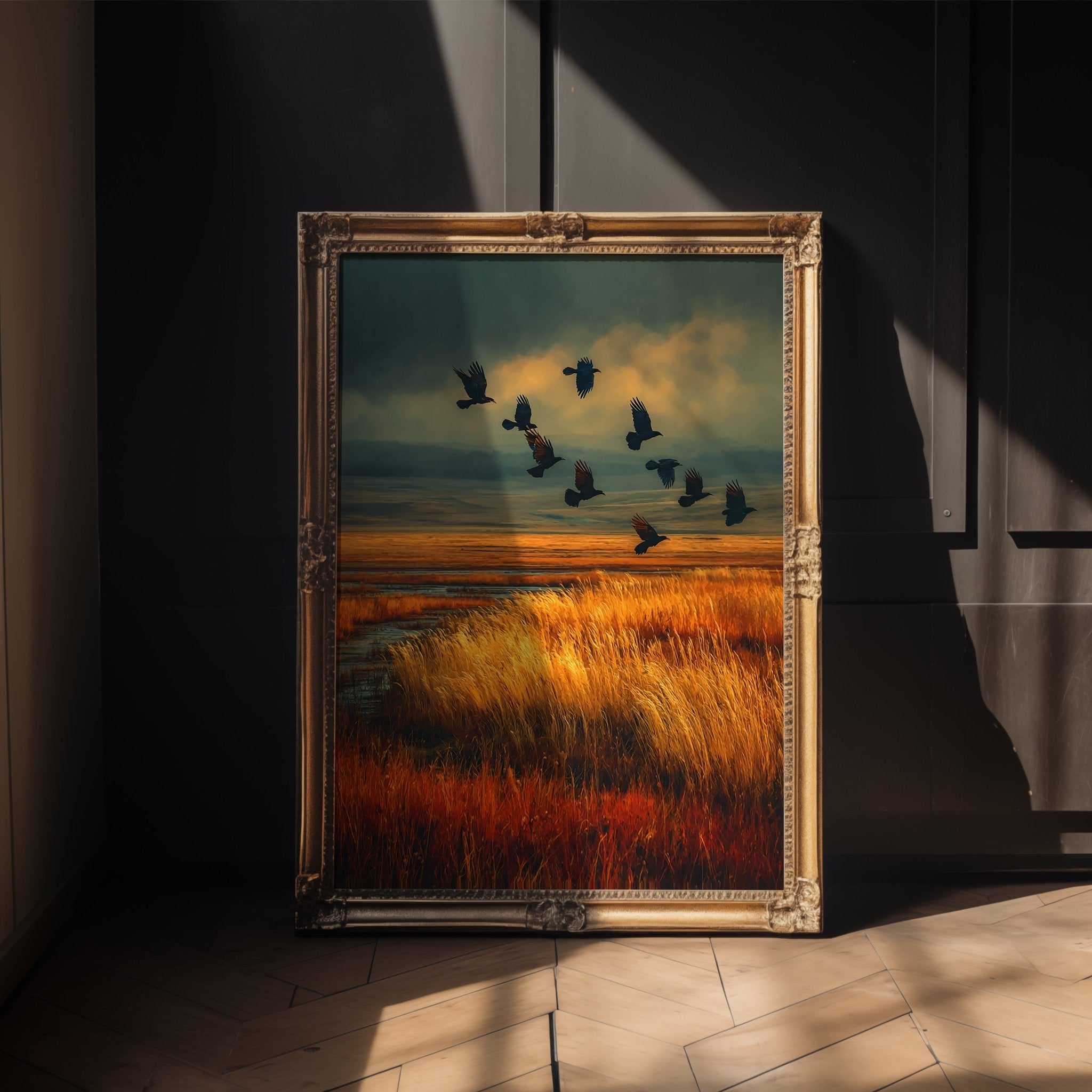 Golden Field with Crows – Dramatic Autumn Landscape Poster in Moody Tones - Just Great Posters