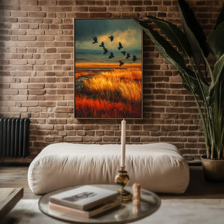 Golden Field with Crows – Dramatic Autumn Landscape Poster in Moody Tones - Just Great Posters