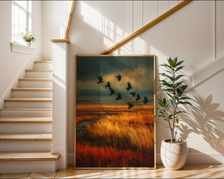 Golden Field with Crows – Dramatic Autumn Landscape Poster in Moody Tones - Just Great Posters