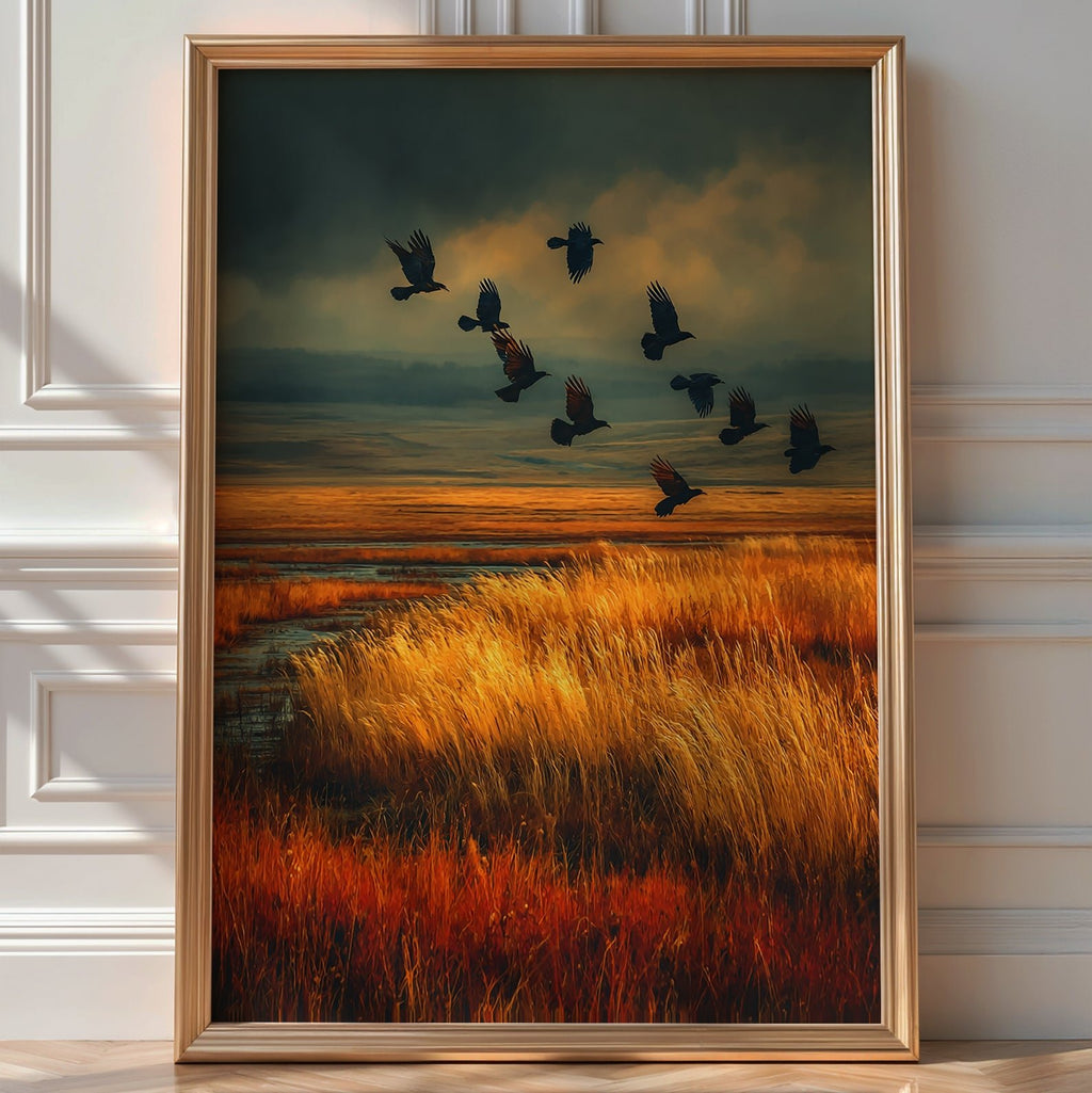 Golden Field with Crows – Dramatic Autumn Landscape Poster in Moody Tones - Just Great Posters