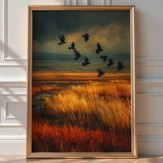 Golden Field with Crows – Dramatic Autumn Landscape Poster in Moody Tones - Just Great Posters