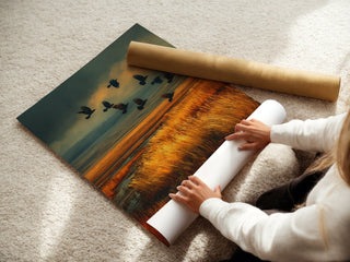 Golden Field with Crows – Dramatic Autumn Landscape Poster in Moody Tones - Just Great Posters