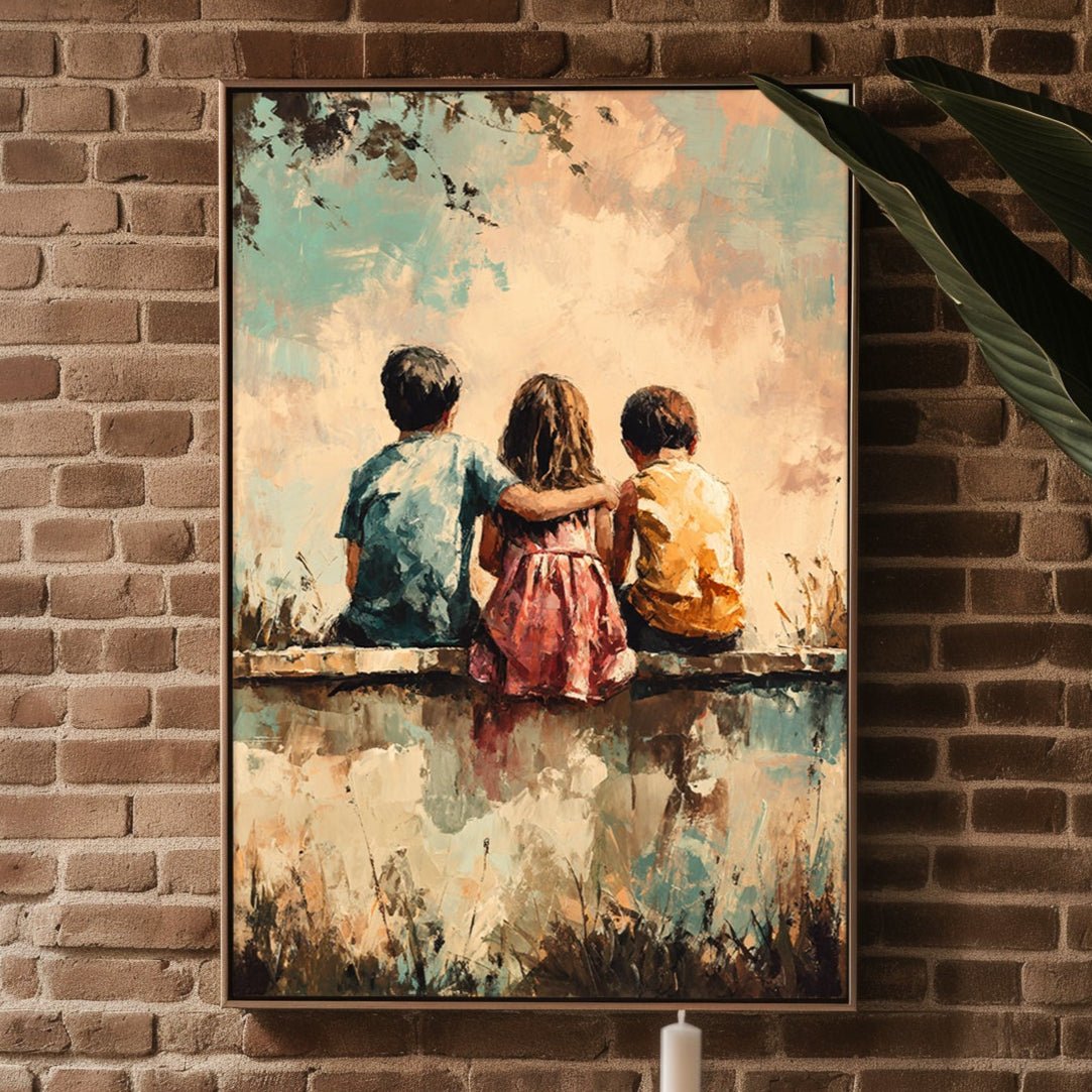 Sunset Playground Friendship Print – Whimsical Kids Sitting Poster - Just Great Posters