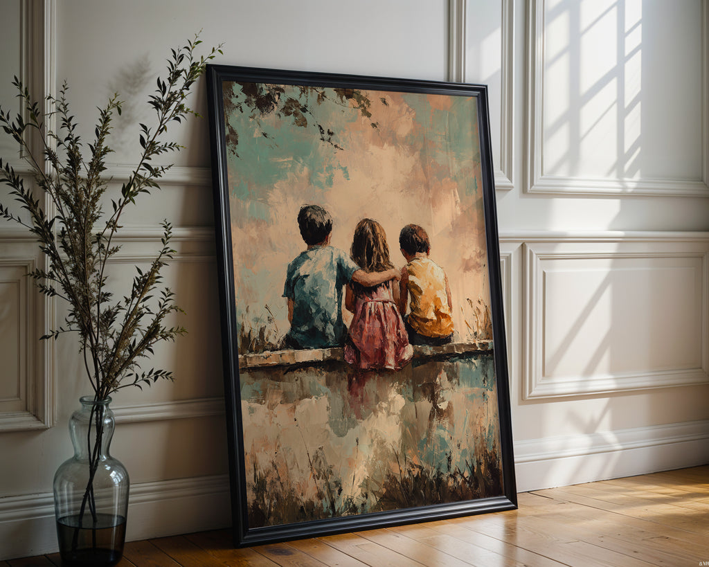 Sunset Playground Friendship Print – Whimsical Kids Sitting Poster - Just Great Posters