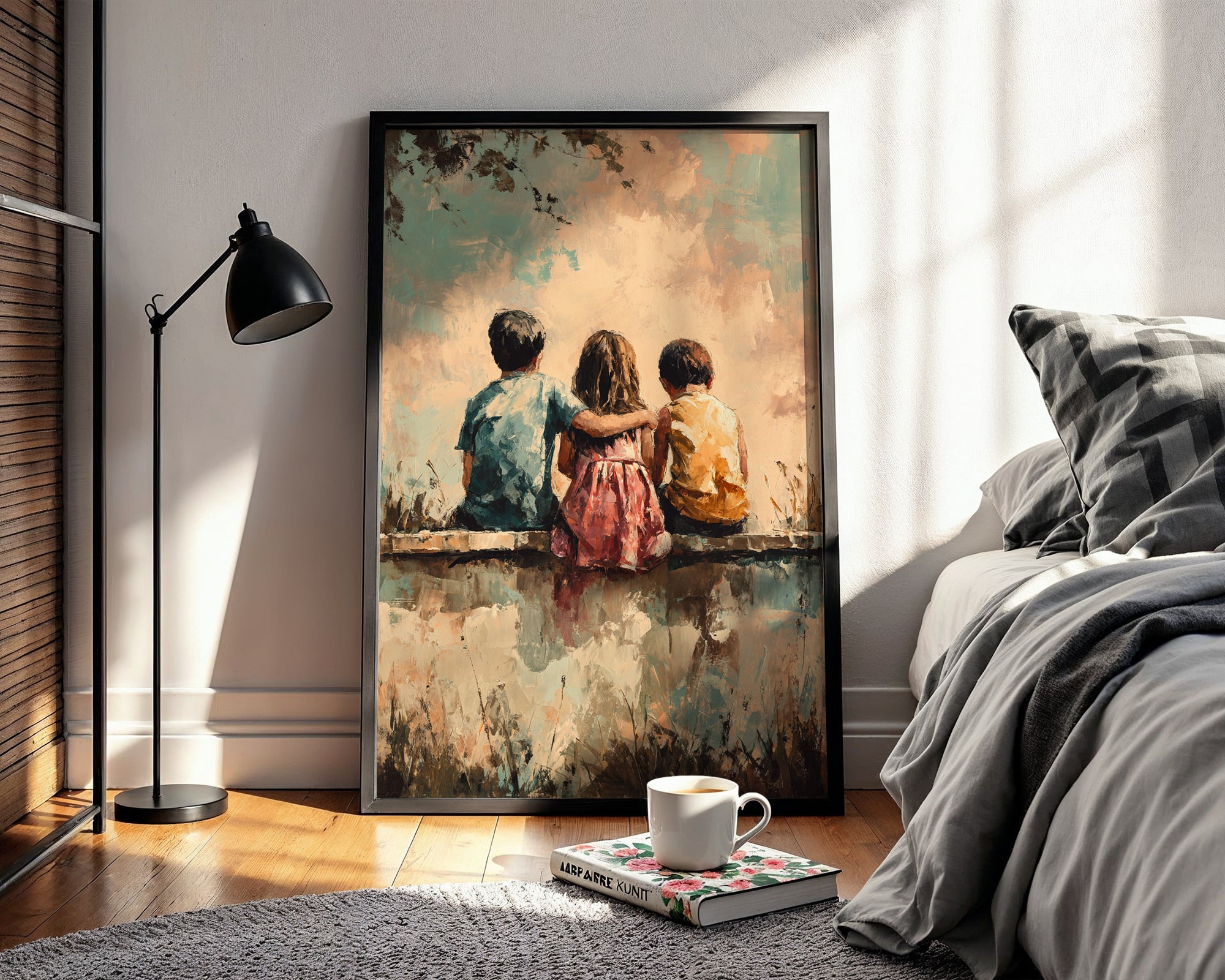 Sunset Playground Friendship Print – Whimsical Kids Sitting Poster - Just Great Posters