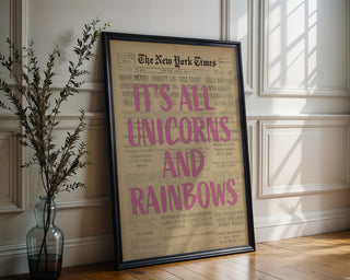 Unicorns and Rainbows Poster, Ironic Vintage Newspaper Art Print - Just Great Posters
