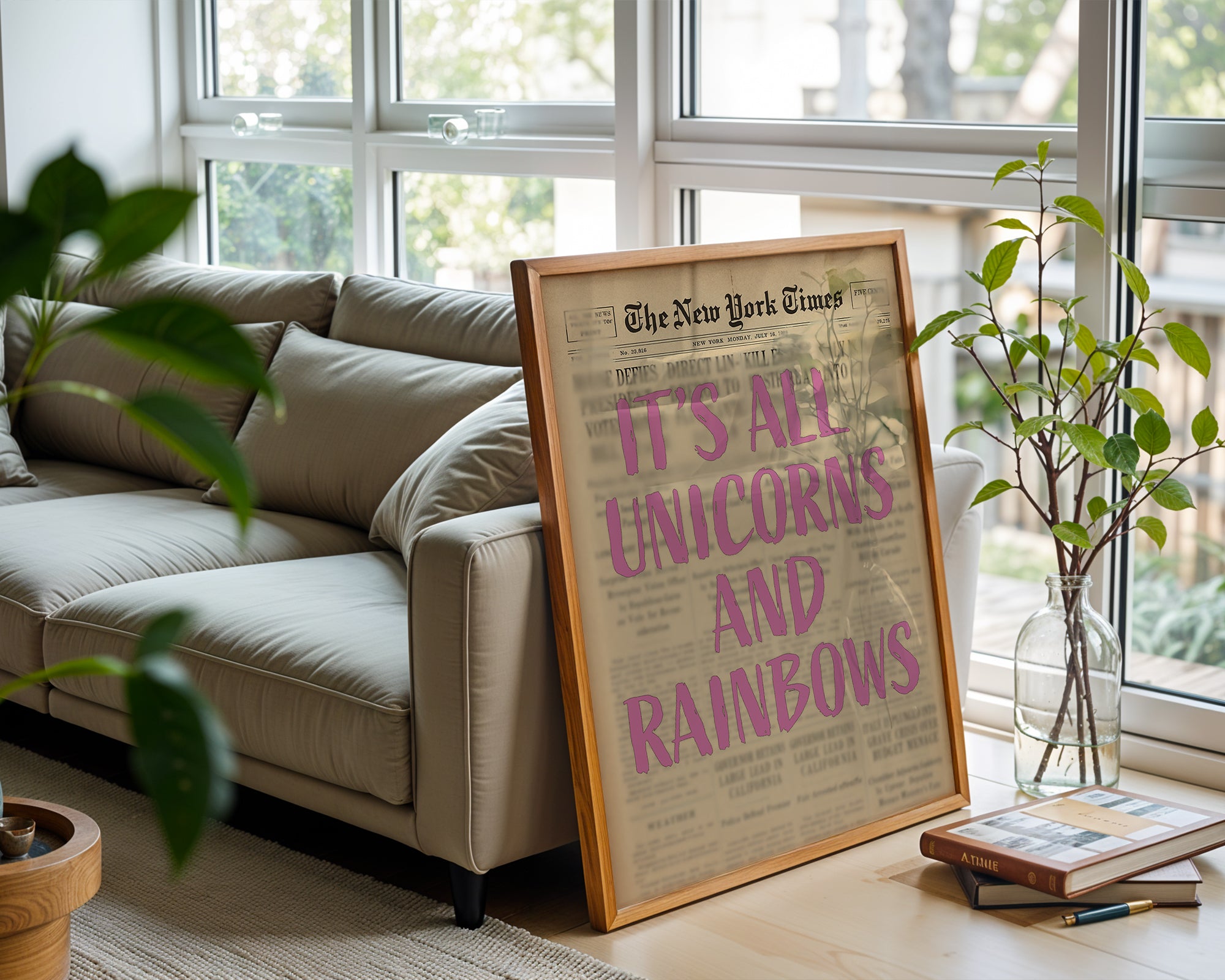 Unicorns and Rainbows Poster, Ironic Vintage Newspaper Art Print - Just Great Posters