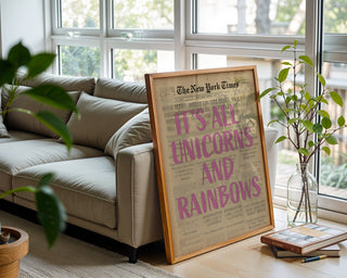 Unicorns and Rainbows Poster, Ironic Vintage Newspaper Art Print - Just Great Posters