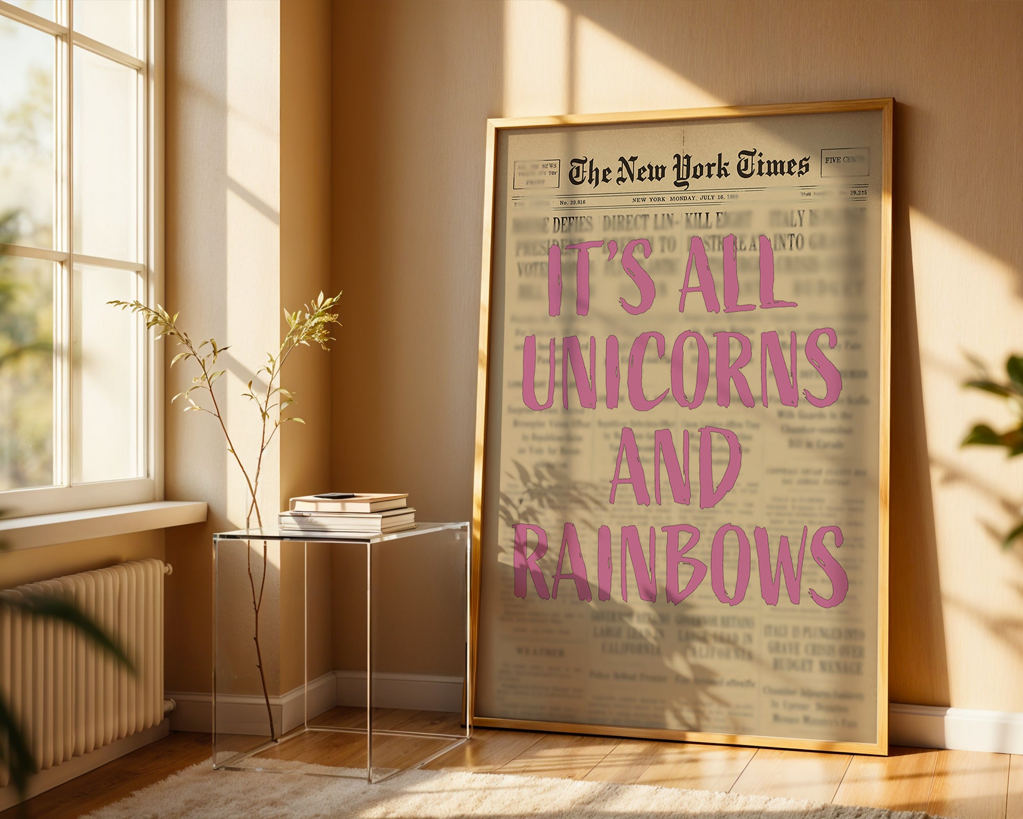 Unicorns and Rainbows Poster, Ironic Vintage Newspaper Art Print - Just Great Posters
