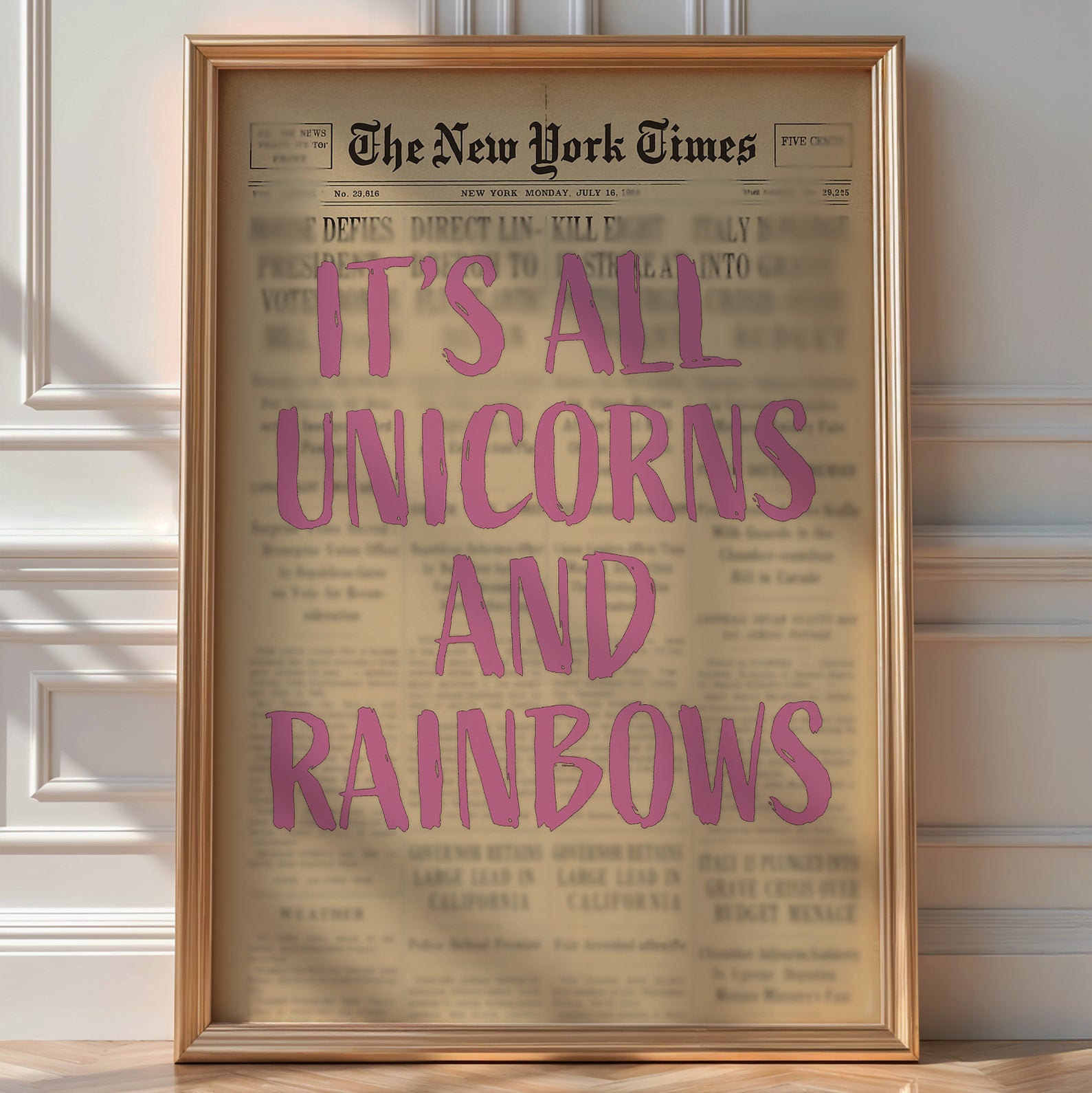 Unicorns and Rainbows Poster, Ironic Vintage Newspaper Art Print - Just Great Posters
