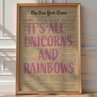 Unicorns and Rainbows Poster, Ironic Vintage Newspaper Art Print - Just Great Posters